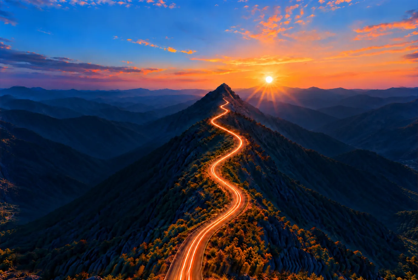 A clear route across a mountain ridge toward the horizon